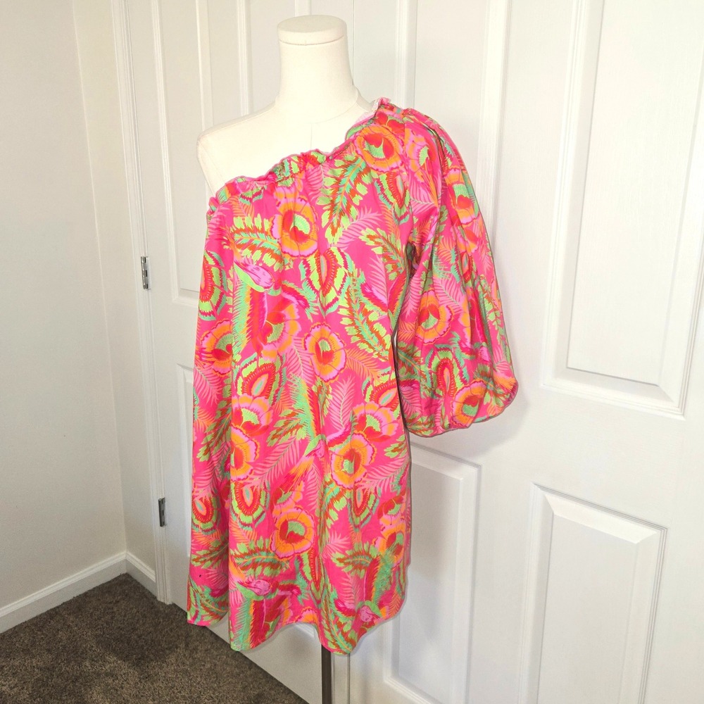 Show Me Your Mumu High Volume Mini Dress Women M Pink Paradise Palms Shoulder